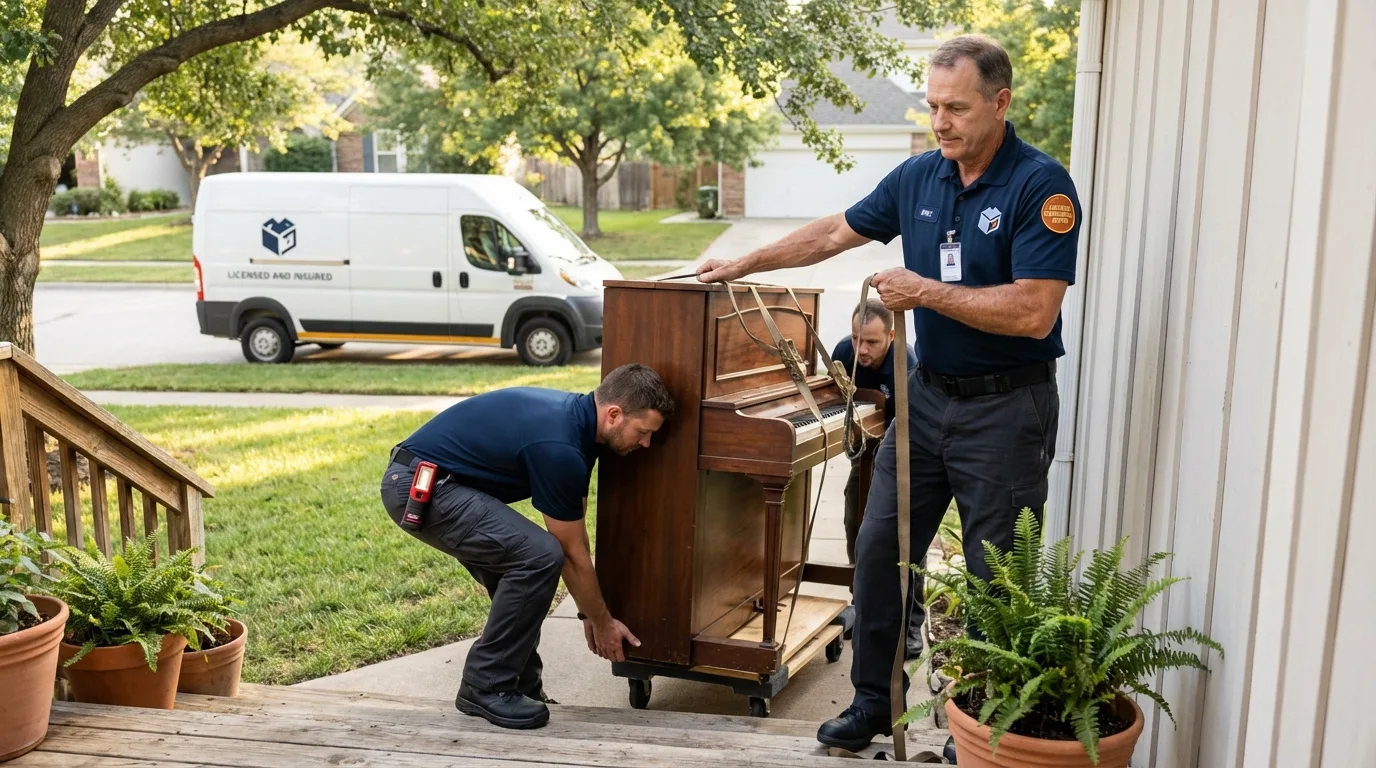 Licensed piano movers securing grand piano in Winnfield, LA