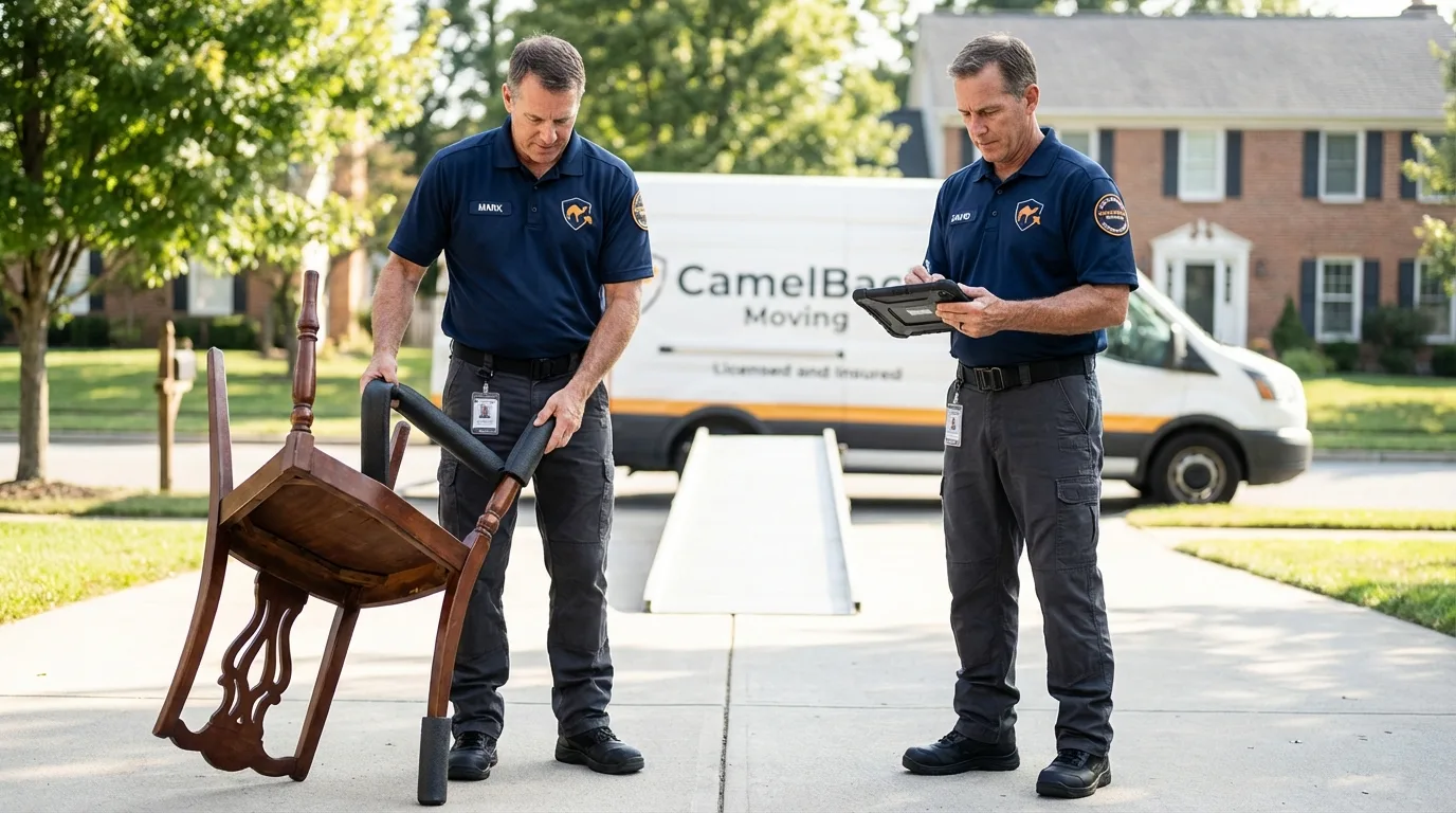 Movers inspecting furniture for damage prevention before loading in Winnfield, LA